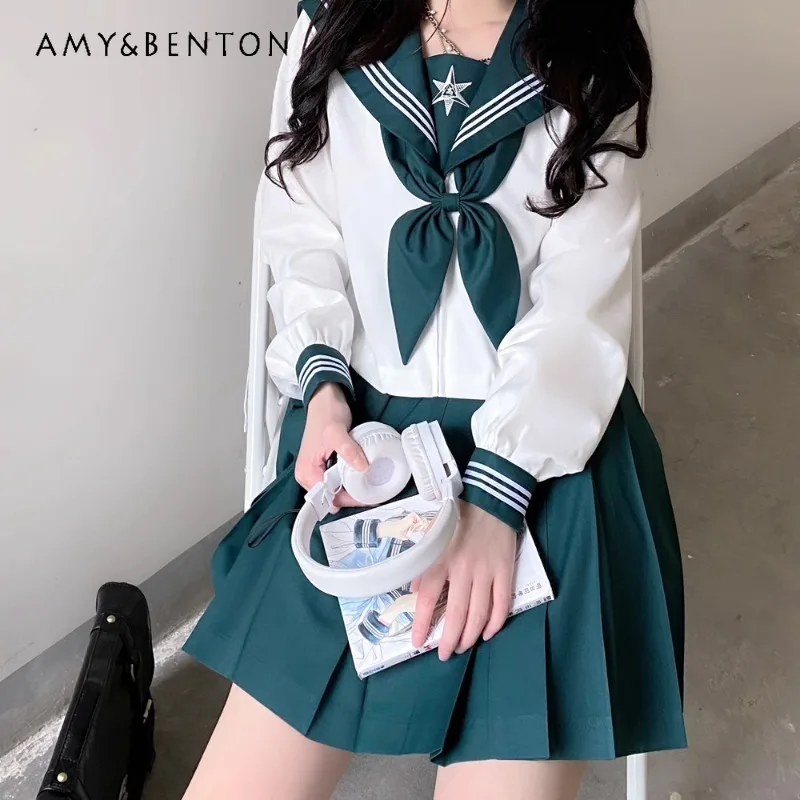 Japanese JK Uniform Outfits Green Solid Color Cute And Sweet College Style Sailor Suit Long Sleeved Top Pleated Skirt Sets Girls