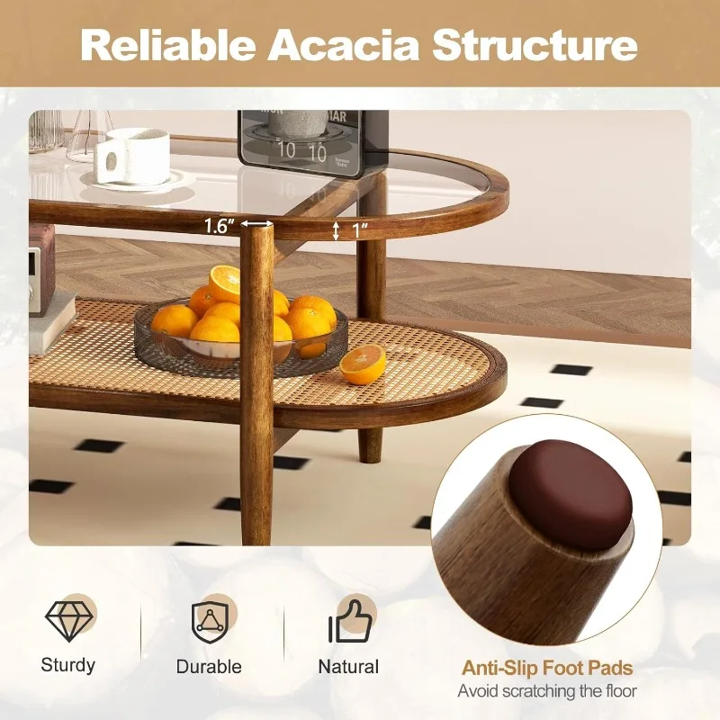 Rattan Coffee Table, 2-Tier Oval Acacia Wood Tea Table w/Tempered Glass Tabletop & PE Rattan Storage Shelf, Boho Cocktail Tables