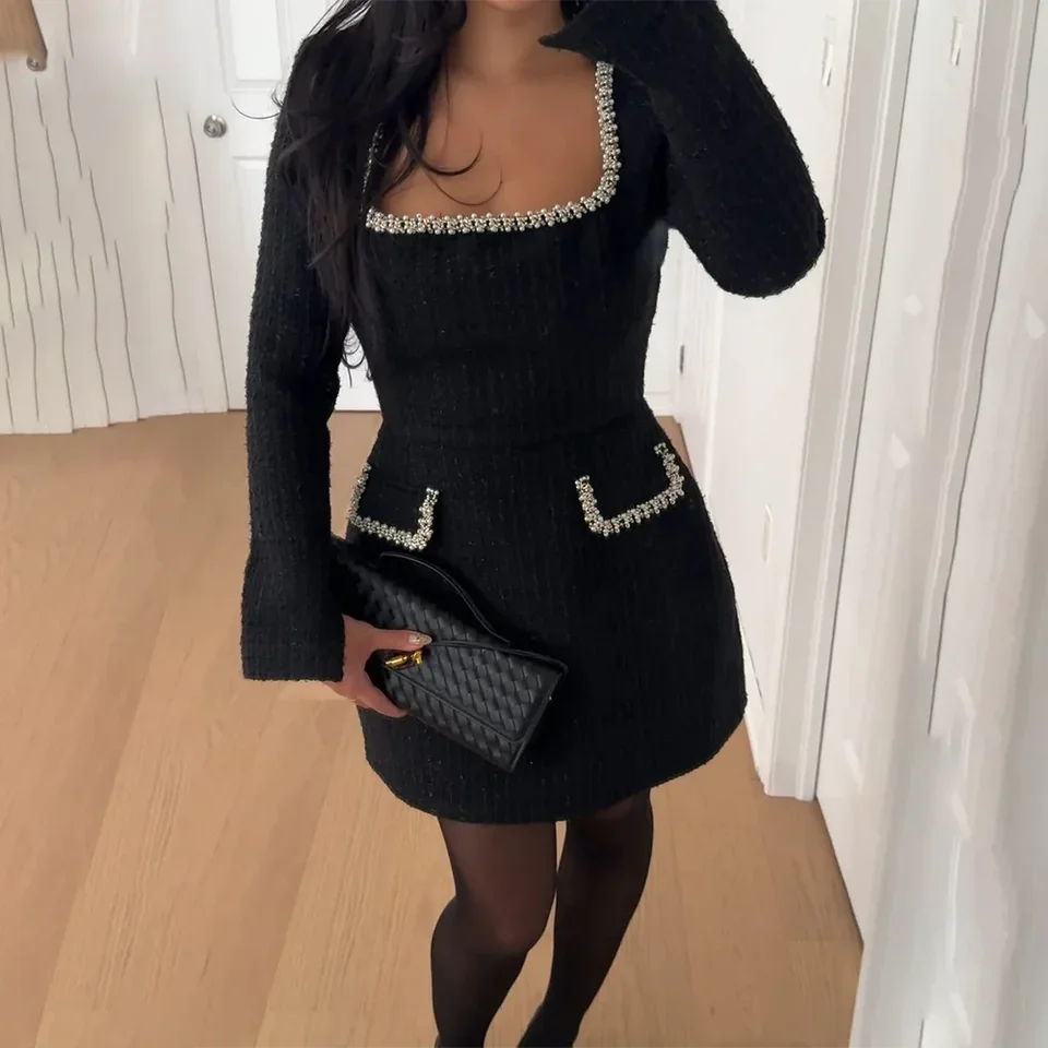

Long Sleeve Tweed Dress Women's Elegant Square Neck Luxury Party Evening Gown Retro Slim Patchwork Short Dress Vestido