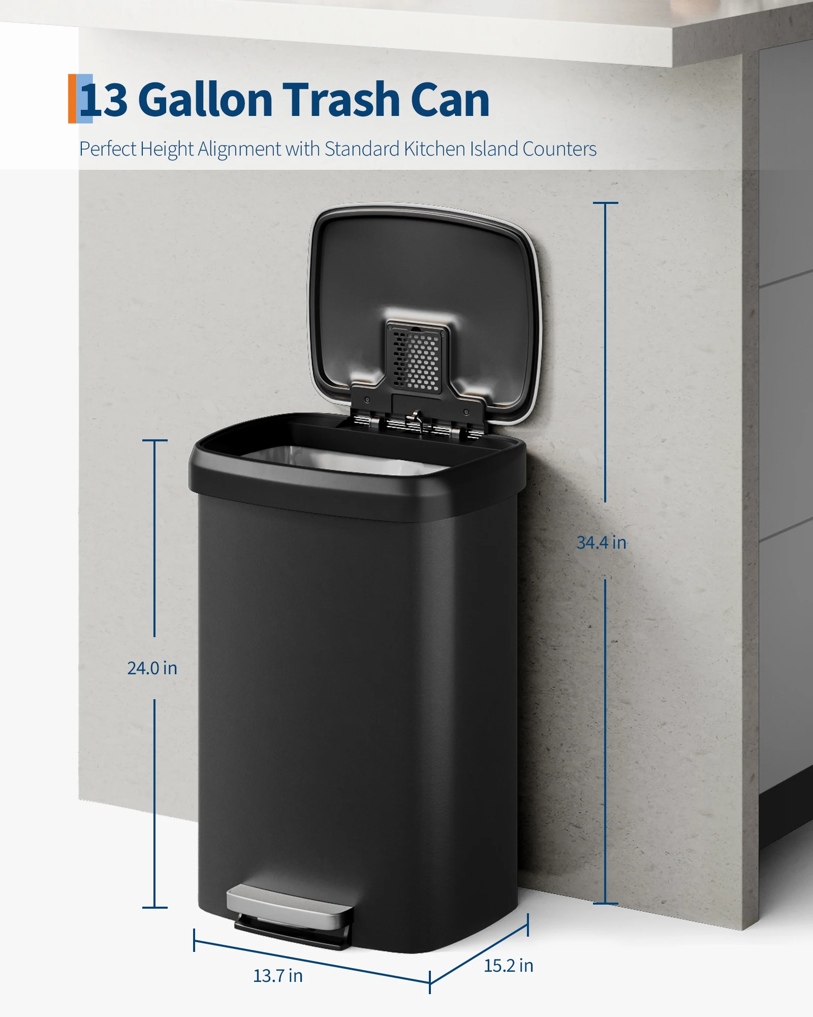 Step-On Kitchen Trash Can - 13 Gallon / 50 Liter, Durable Black Plastic, Soft-Close Lid, Rustproof, Liner Rim, Rear Handle - Large Waste Bin for Home, Office, or Kitchen Storage
