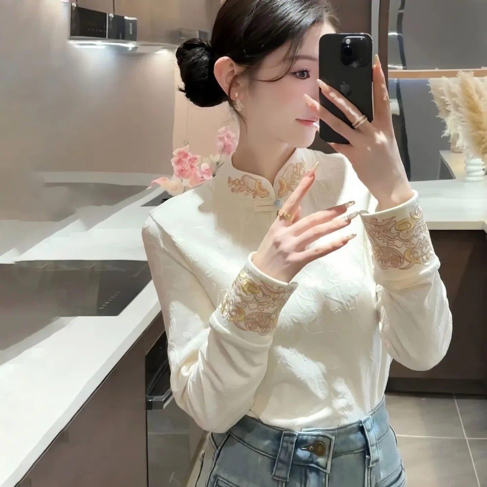 

New Chinese Style Women's Shirt 2026 Autumn Winter, Stand Collar Thickened Velvet Long Sleeve Warm Top