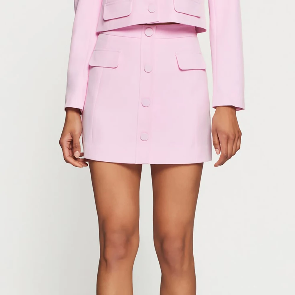 Elegant Women's Pink Cropped Blazer & Mini Skirt 2-Piece Set Single Breasted Chic Office Lady Suit Daily Vibrant Streetwear
