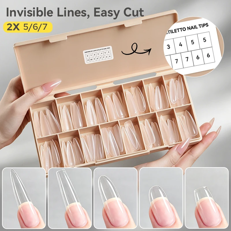 BORN PRETTY Long Stiletto Nail Tips With Built-in Guide Lines Full Cover 238PCS 12 Sizes Reshape Into Multiple Shapes Salon Nail
