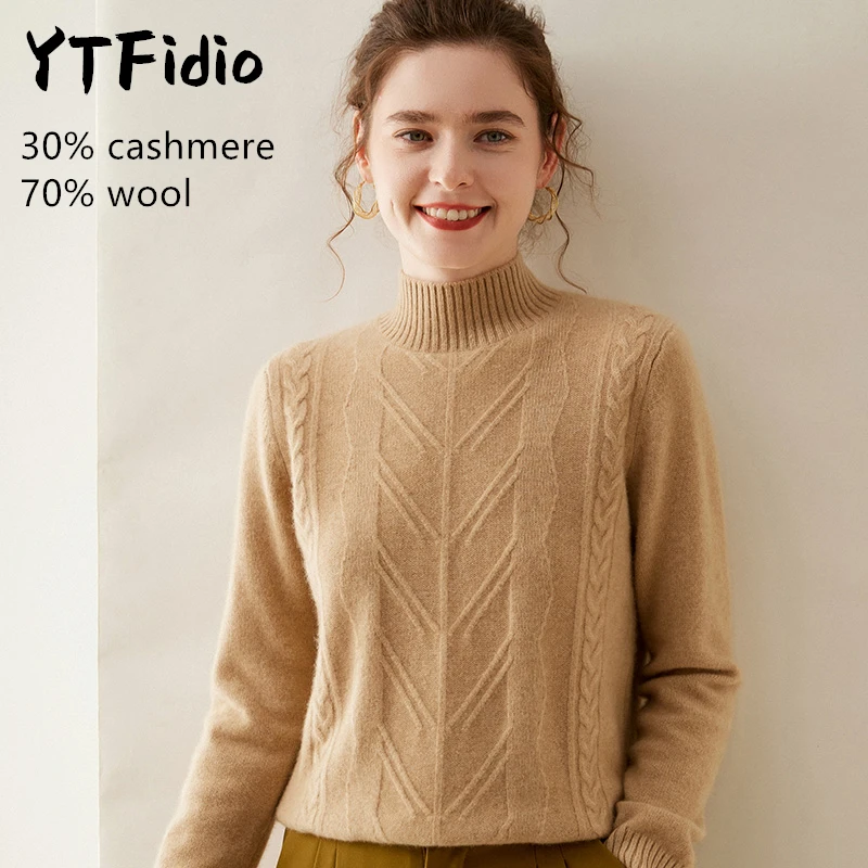 YTFidio Cashmere Merino Wool Sweater Women Long Sleeve Mock neck Leaf shape Casual Jumpers Solid Knitwear Pullover Tops 123