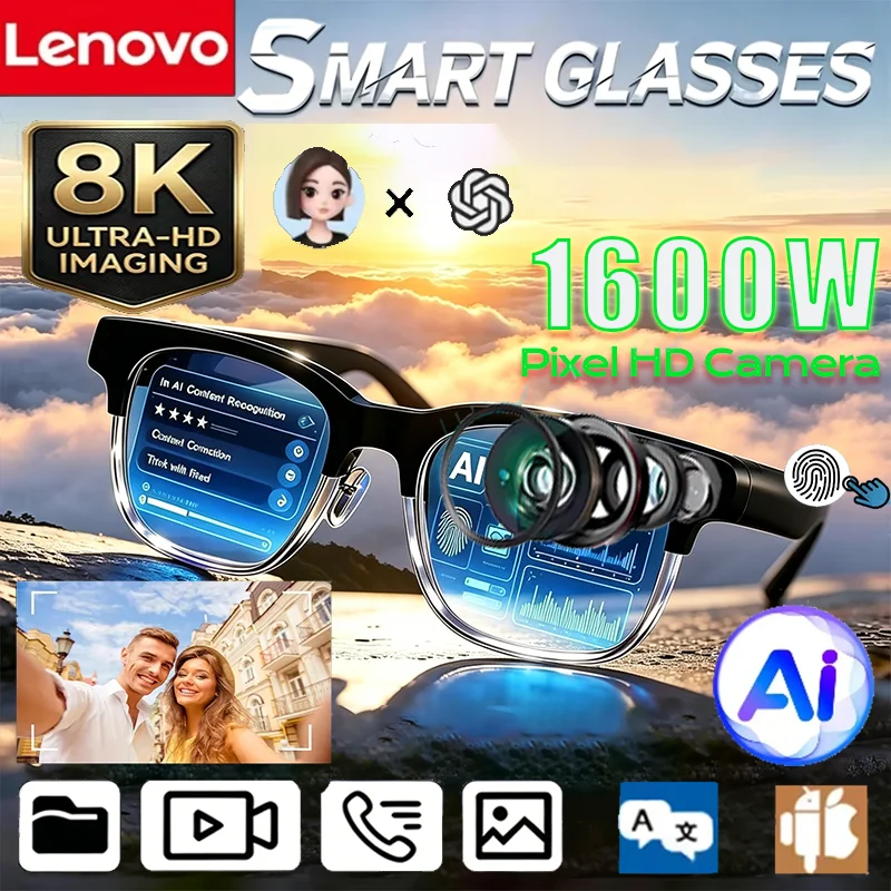 Lenovo 8K HD 1600MP AI Smart Glasses Translation Hands-Free Calling AI Chat Logging Music Playback Men Women Smart Sunglasses