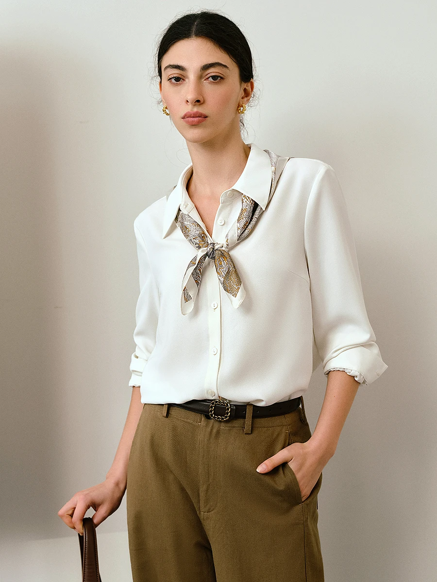 

OLrain женская французская белая рубашка простой отложной воротник топ с длинными рукавами 23 осень новая блузка с шелковым шарфом M57QC000162