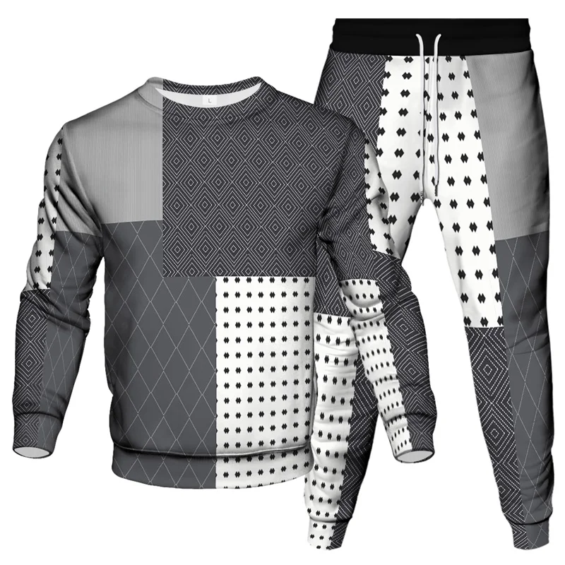 New Men Vintage Style Clothes Sweatshirt Jogging Pants 2 Piece Set Geometric Pattern Printing Women Clothing Suit Tracksuit