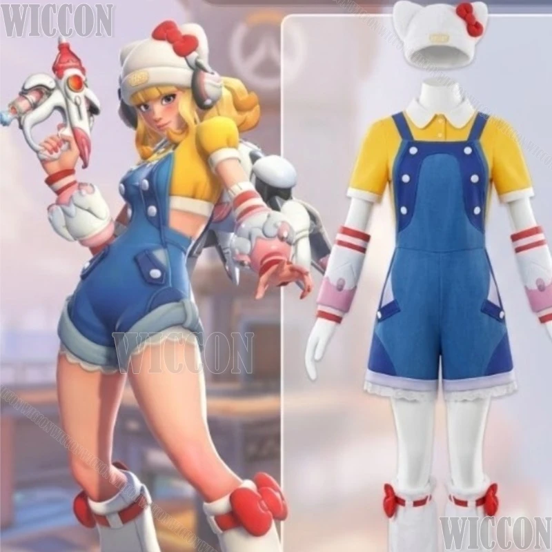 game-owww-cosplay-juno-kawaii-salopette-bleue-chemise-jaune-chapeau-de-chat-doux-et-pelucheux-nœud-perruque-style-y2k-jirai-kei-halloween-noel-carnaval