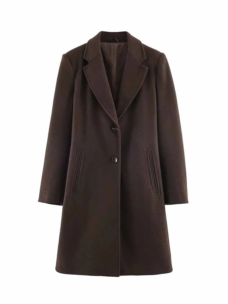 HH Woman Winter Fashion Long Sleeves Lapel Soft Fabric Shoulder Pads Single Breasted Long Coat Female Casual Commuting Coat