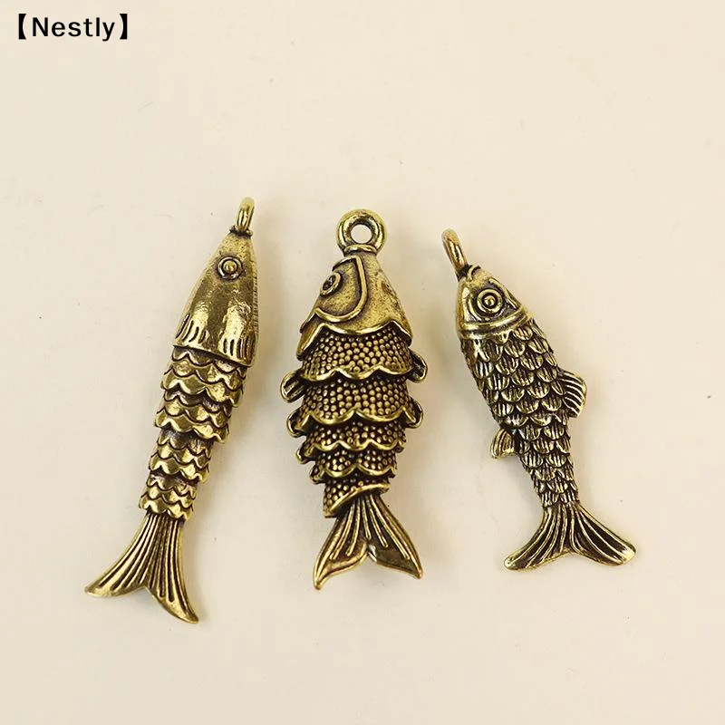 Vintage Koi Fish Keychain Pendant Accessor Brass Miniatures Desktop Ornaments Classical Small Animal Tea Pet Home Decors〔Nest〕