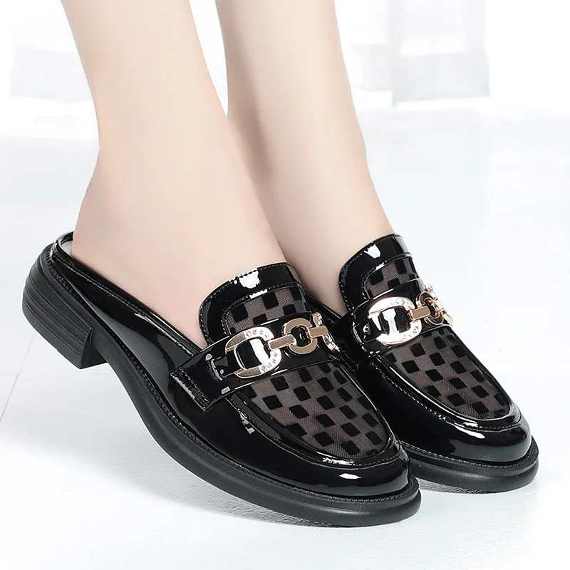 

Soft Leather Mules Women 2024 All Seasons New Fashion Slingback Platform Metal Decoration Shoes Slippers Sandals Leisure Hollow