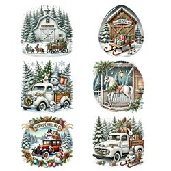 23cmChristmas snow car house Iron On Heat Transfer Sticker For Clothes DTF Pinted Vinyl Thermal Appliques Washable T-Shirt Decal