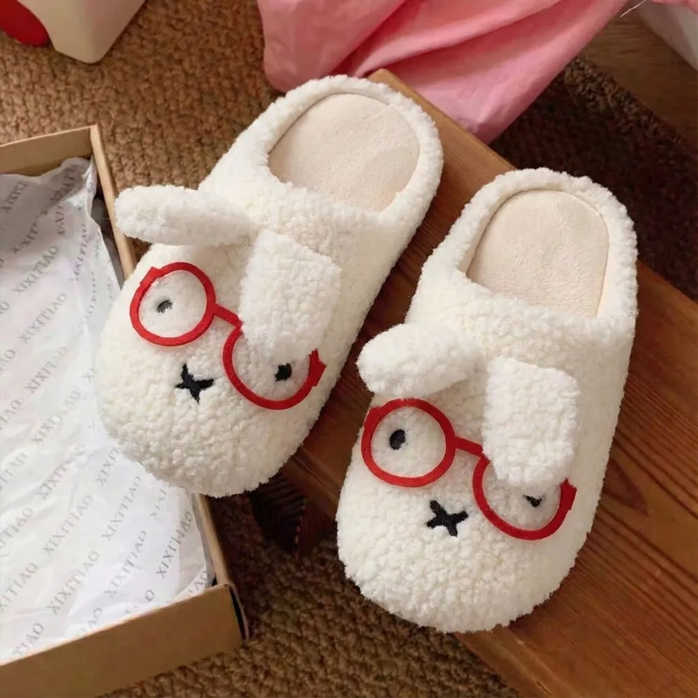 Cute Cartoon Miffy Floor Slippers Women Winter Thick Sole Non Slip Soft Warm Indoor Home Outdoor Casual Footwear Student Gift