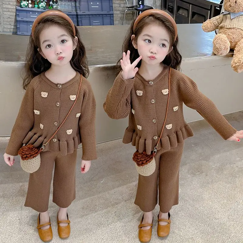 

Fashion Autumn Winter Elegance Sweet Cute knit top+Pants 2Pcs Girls Sets Childrents Korea Clothing Toddler Kid Party Clothes