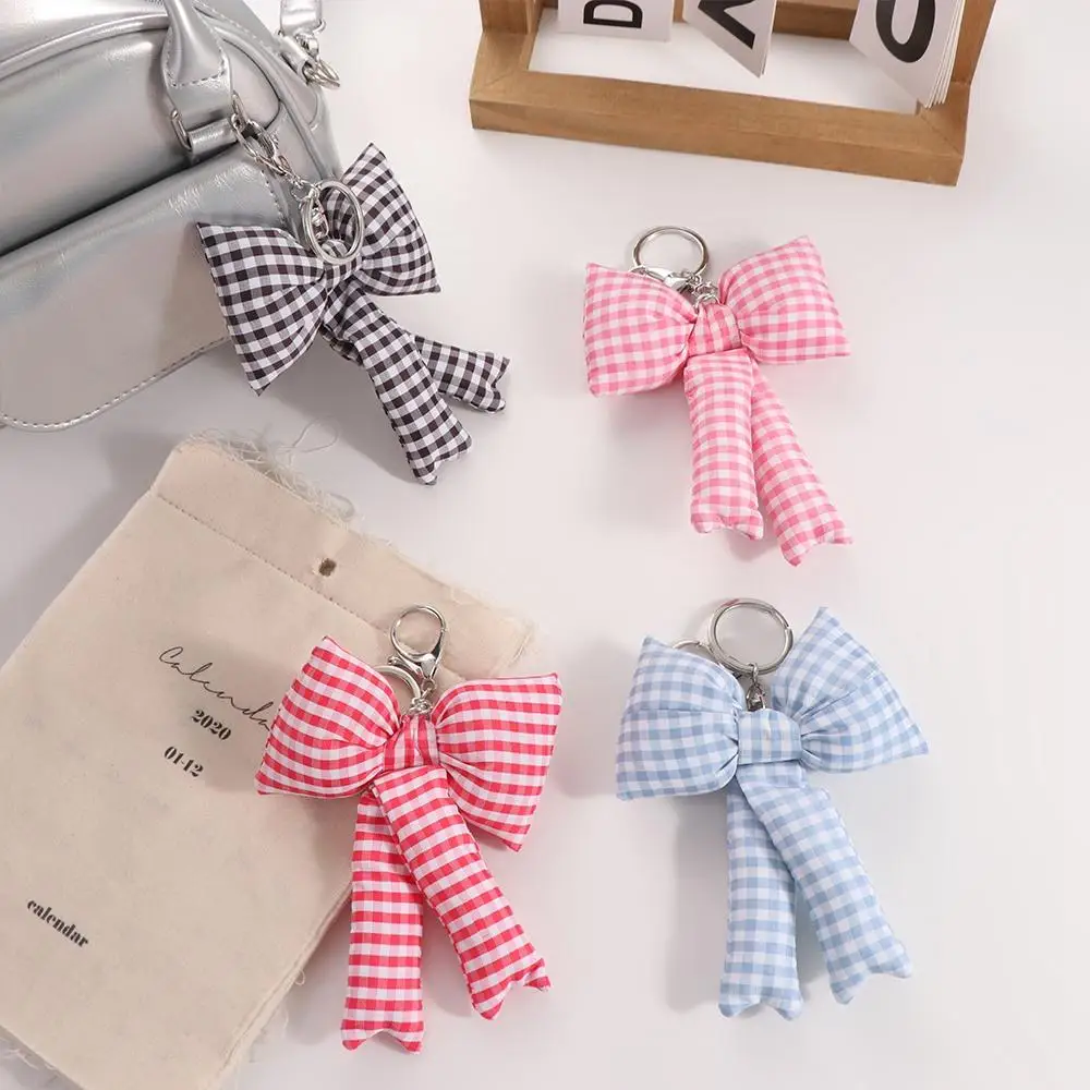 Fashion Grid Bow Bag Pendant Balletcore Korean Style 3D Bowknot Keychain Cotton Filled Phone Chain Y2k Bag Hanging Daily