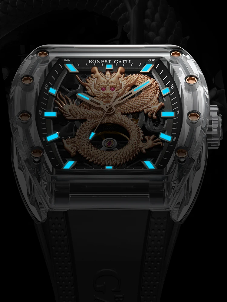 BONEST GATTI Men Automatic Watch Tonneau Mechanical Wristwatch Crystal Case Sapphire Luminous Fluororubber Strap Dragon Dial