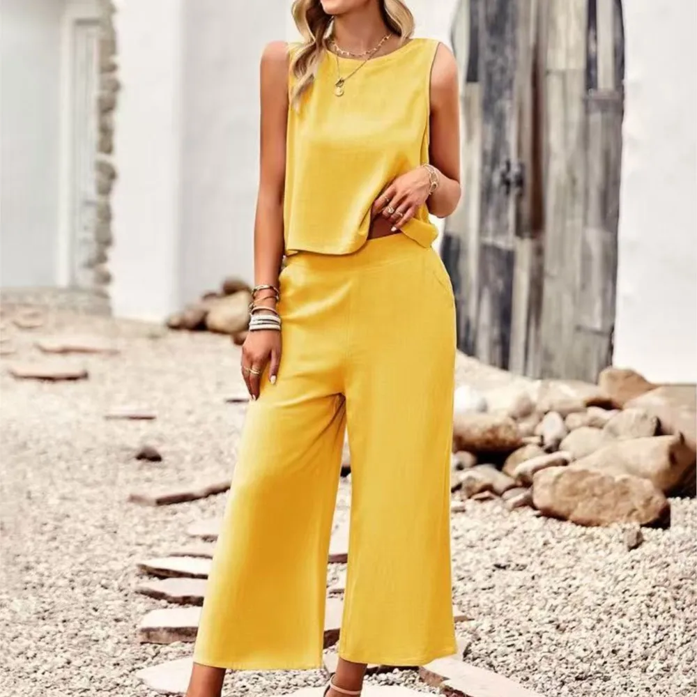 Lässige Hosen-Sets, einfarbig, täglich, Frühling, Sommer, lockerer Urlaubsstil, 2-teiliges Set für Damen, ärmellose Oberteile, Hosen, zweiteilig