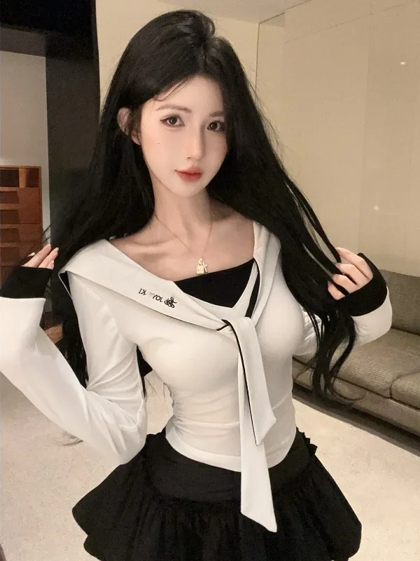 

Fashionable White Long Sleeve Puffy Skirt Two-Piece Set Korean Style Commute Slim Fit Binding Belted mid Waist Short Skirt