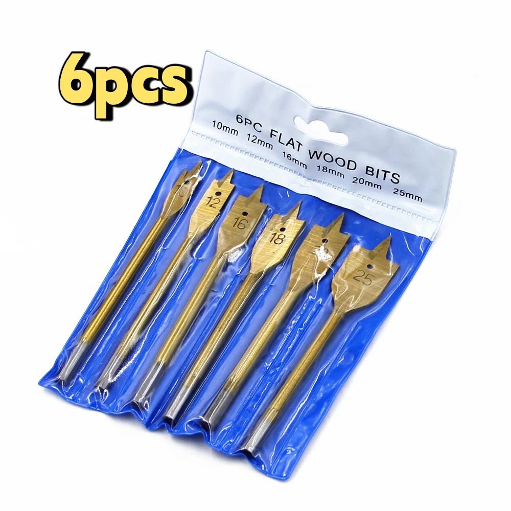 6PC Titanium Plated Hexagonal Handle Flat Drill Bit Set 10-25mm Woodworking Drilling Tools with Hanging Bag for Home Improvement
