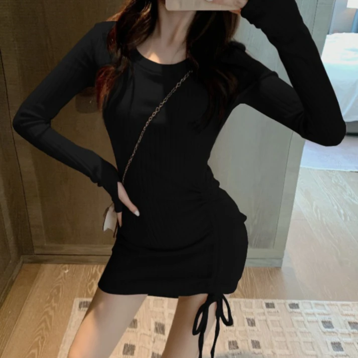 Women Knitted Mini Dress Spring Autumn Crew Neck Drawstring Cinched Waist Elegant Slim Bodycon Chic