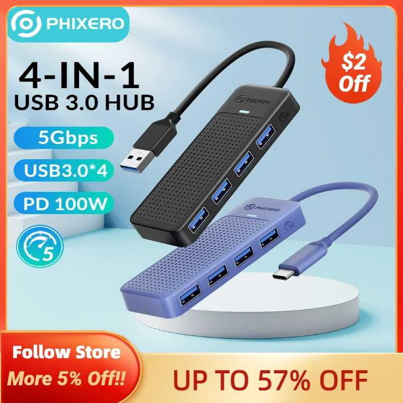 PHIXERO 4 Port USB C HUB 3.0 Type C Multi Splitter Adapter Expansion OTG High Speed For Macbook Pro PC Computer Accessories