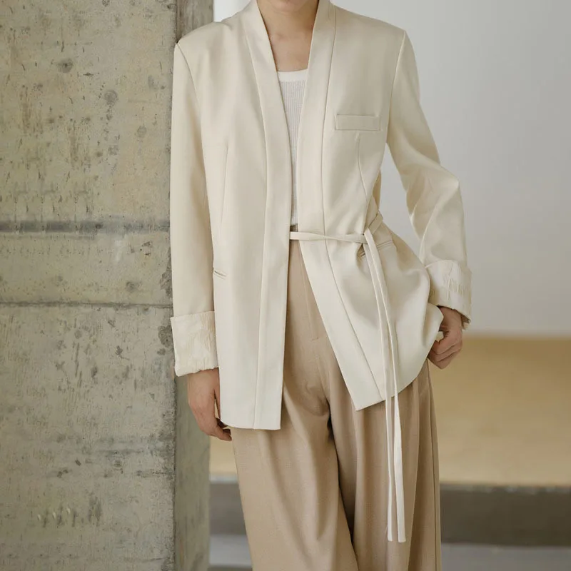 KWTX damesontwerper hoge kwaliteit jacquard satijn patchwork stropdas riem casual elegante luxe blazer lente zomer 2025,