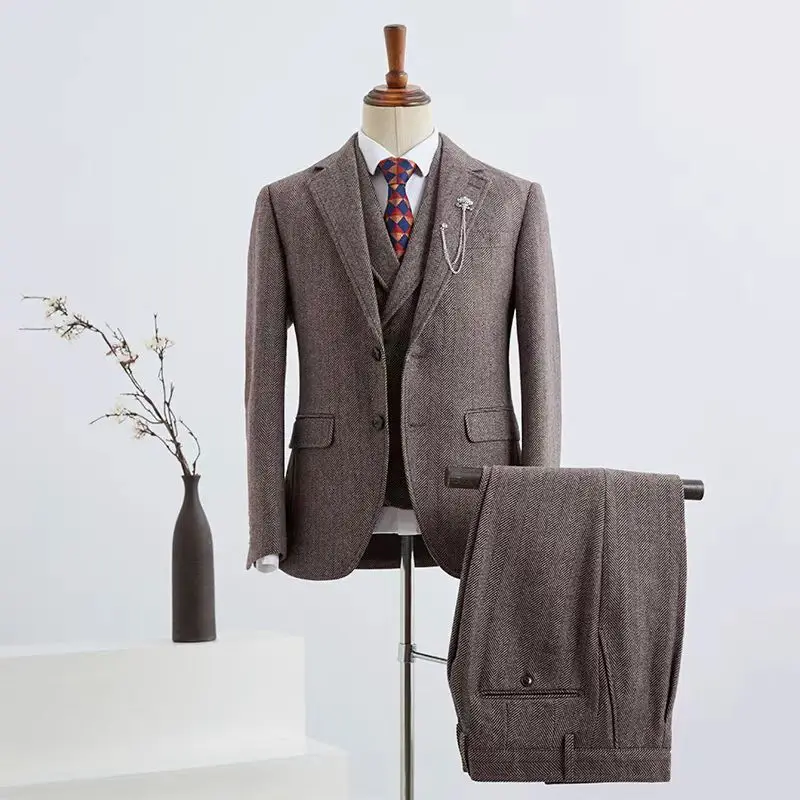 Y019Retro high-grade gray wool suit for men, slim fit custom-made British wedding groom suit three-piece suit