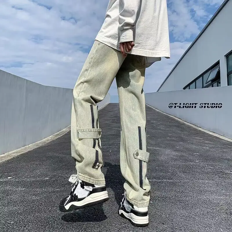 

Мужские джинсы желтого цвета грязи, летние брендовые крутые прямые широкие брюки High Street Vibe, свободный крой, классический Sle