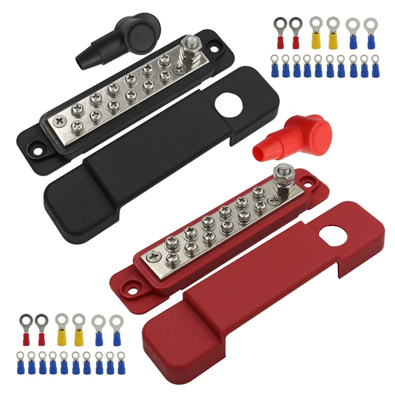 12 Terminal Distribution Block Bus Bar DC 48V 12P Wiring Bars Busbar With Covers + Ring Terminals For RV Yacht Replacement