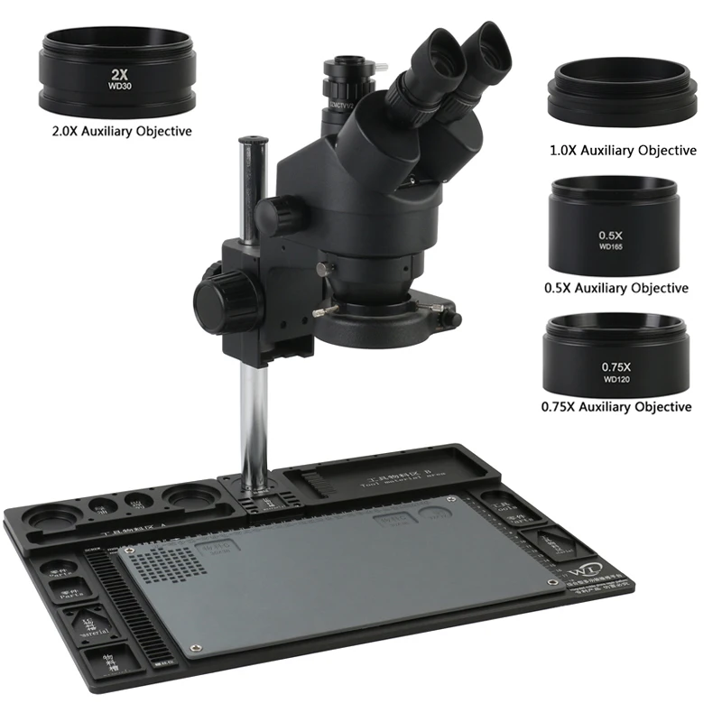 3.5X-90X Simul Focal Stereo Trinocular Microscope Set Aluminum Alloy Big Stand CTV1/2 Adapter 0.5X 1X 0.7X 1.5X 2.0X Barlow Lens