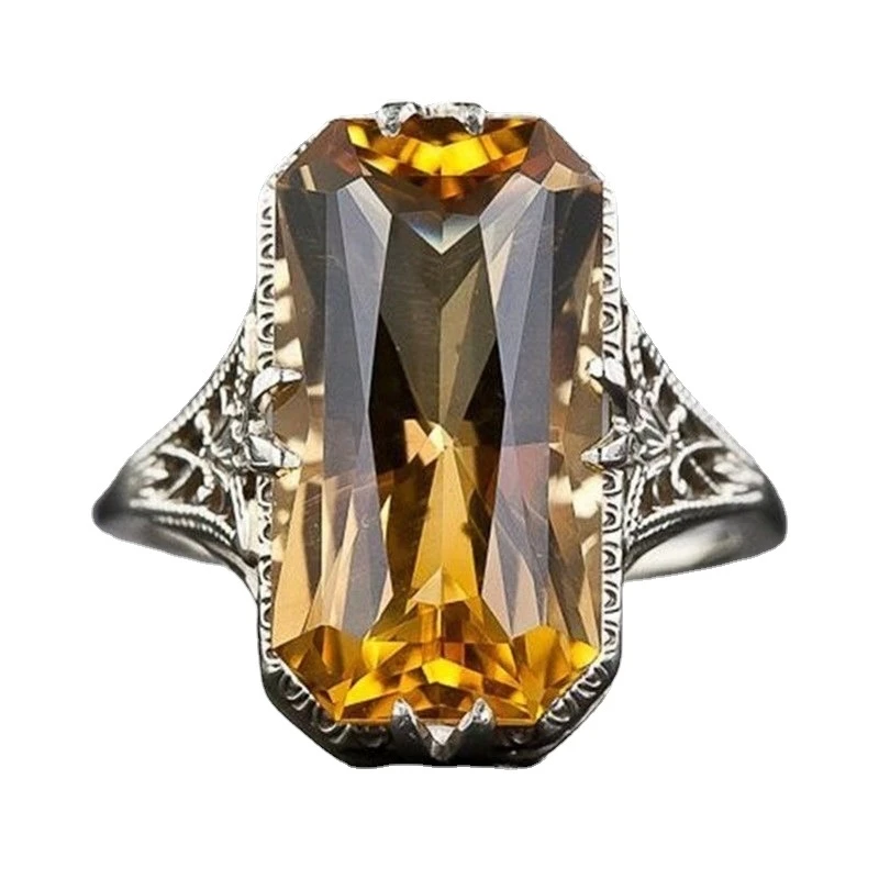 

Citrine Hollowed-out Carved 925 Silver Rings Fashion Exaggerated Silver Hand Jewelry For Women Party Wedding Gemstone Ring Gift