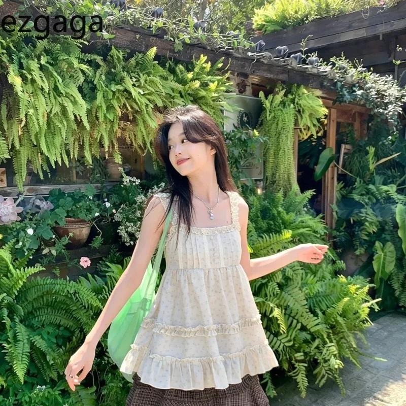 Ezgaga タンクトップ女性花柄プリントフリルパッチワーク春夏ファッションヴィンテージキャミソールレディースカジュアルスイートエレガント 1