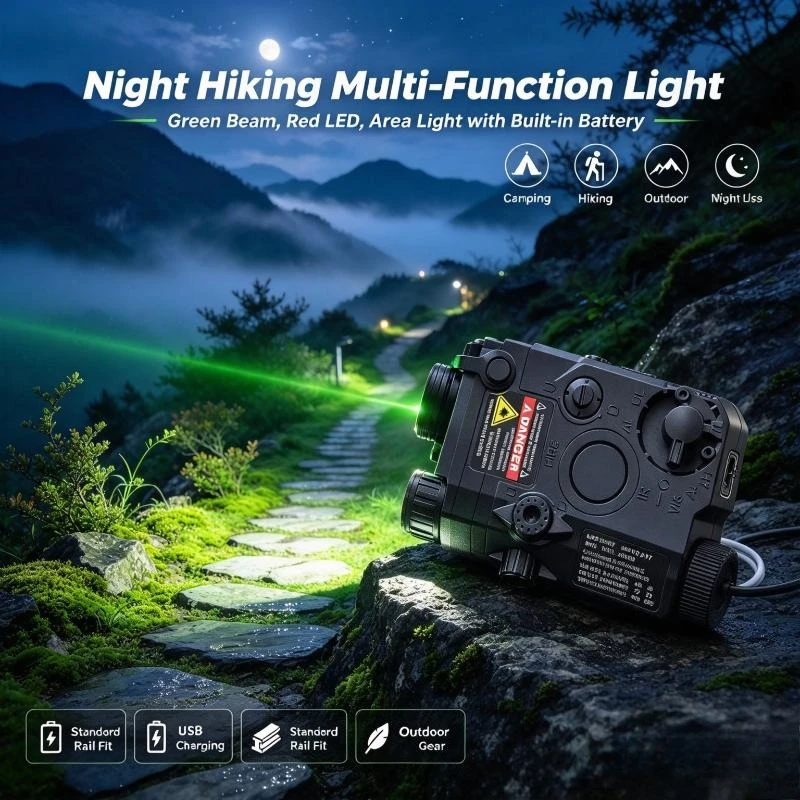 Nylon Multi-Function Light Unit with Green Beam, RedLED, Built-in Battery, Fit Standard Rail, Outdoor Camping & Hiking Accessory