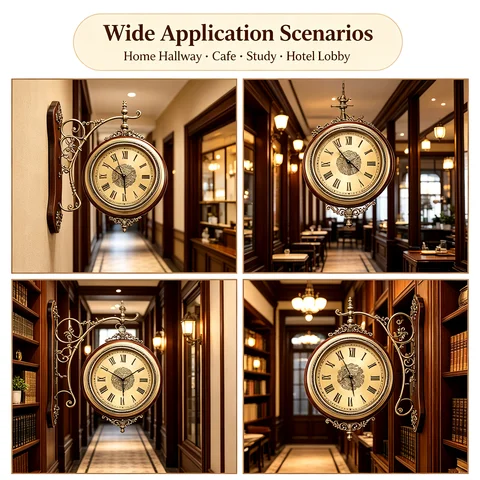 Double-Sided Wall Clock Vintage Style, 12-inch Silent Round Clock with 360° Rotation, Easy-to-Read Dual-Sided Dial for Living Room Office, Brown
