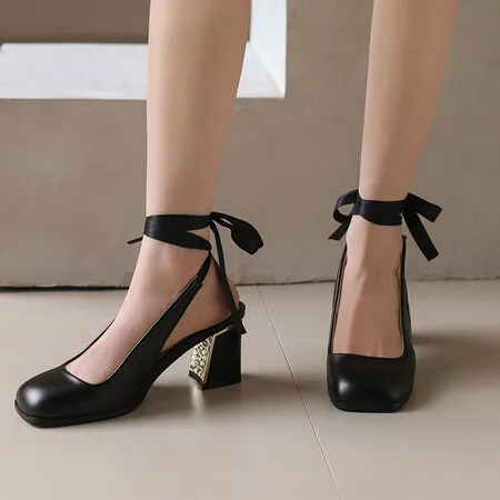 Retro Square Toe High Heels for Women in Spring/summer 2024, New Thick Heels with Skirt, Back Empty Mary Jane Toe Sandals