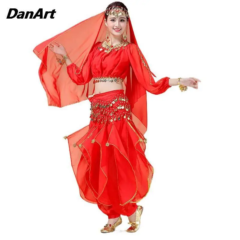 Ladies Indian Dance Stage Performance Costume Womens Belly Dance Set Long Sleeve Top Swivel Pants Halloween Cosplay Costume