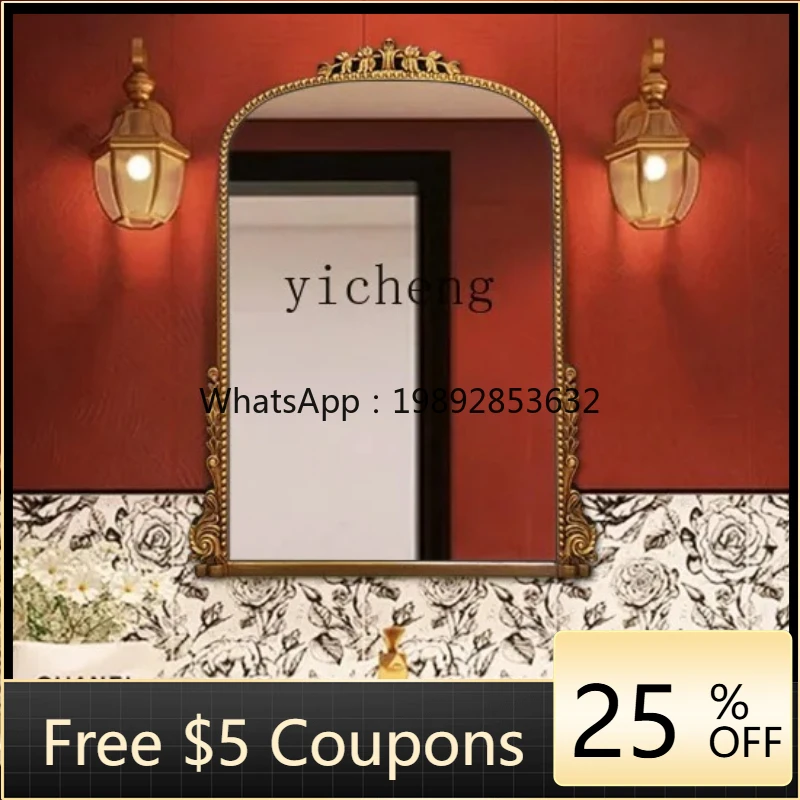 

YY French Retro Light Luxury Arched Carved Decorative Mirror European Style Bathroom Mirror Hanging Mirror
