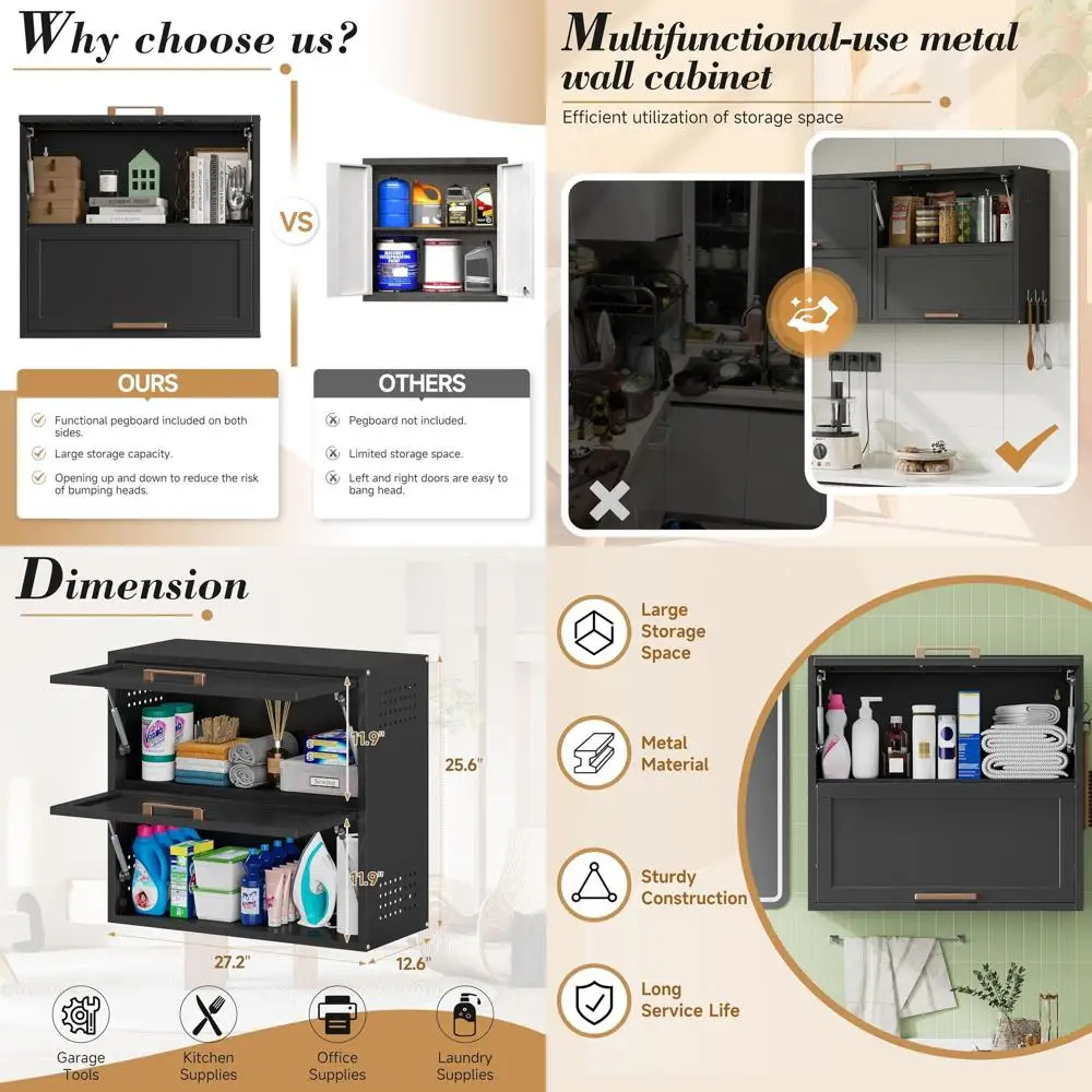 

25.6 Tall Wall-Mounted Metal Storage Cabinet with 2 Doors & Pegboard for Laundry, Bathroom, Kitchen, Garage