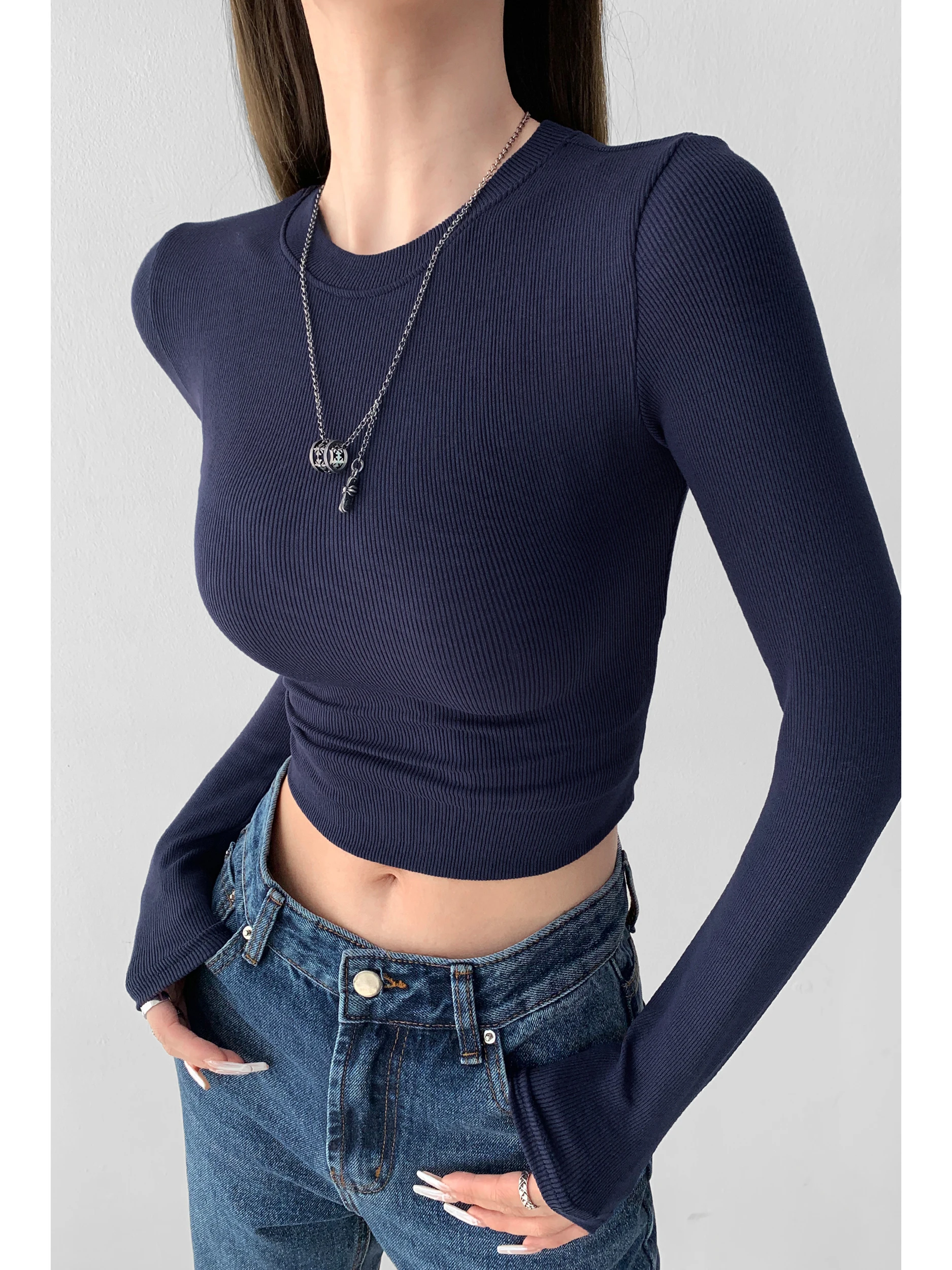 Street Style Short Knitted Long Sleeve round Neck Bodycon Base Shirt Women's Fashion Belly Show Off-Shoulder Top Purple Foam
