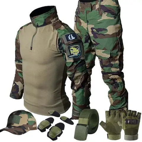 Woodland Tactical Unifirm Mens 세트 야외 사냥 훈련 정장 전투 셔츠 Ripstop 바지 작업복 의류 내마모성