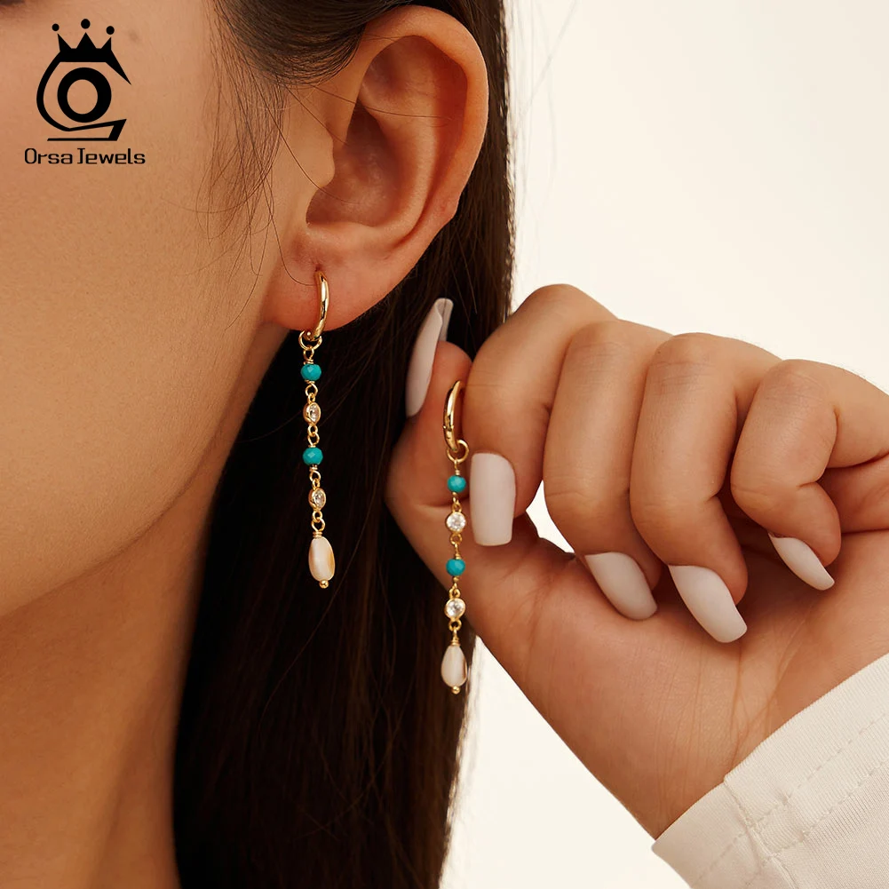 

ORSA JEWELS 14K Gold Natural Turquoise Drop Earrings Handmade 925 Sterling Silver Tassel Earrings Summer Jewelry for Women GME41