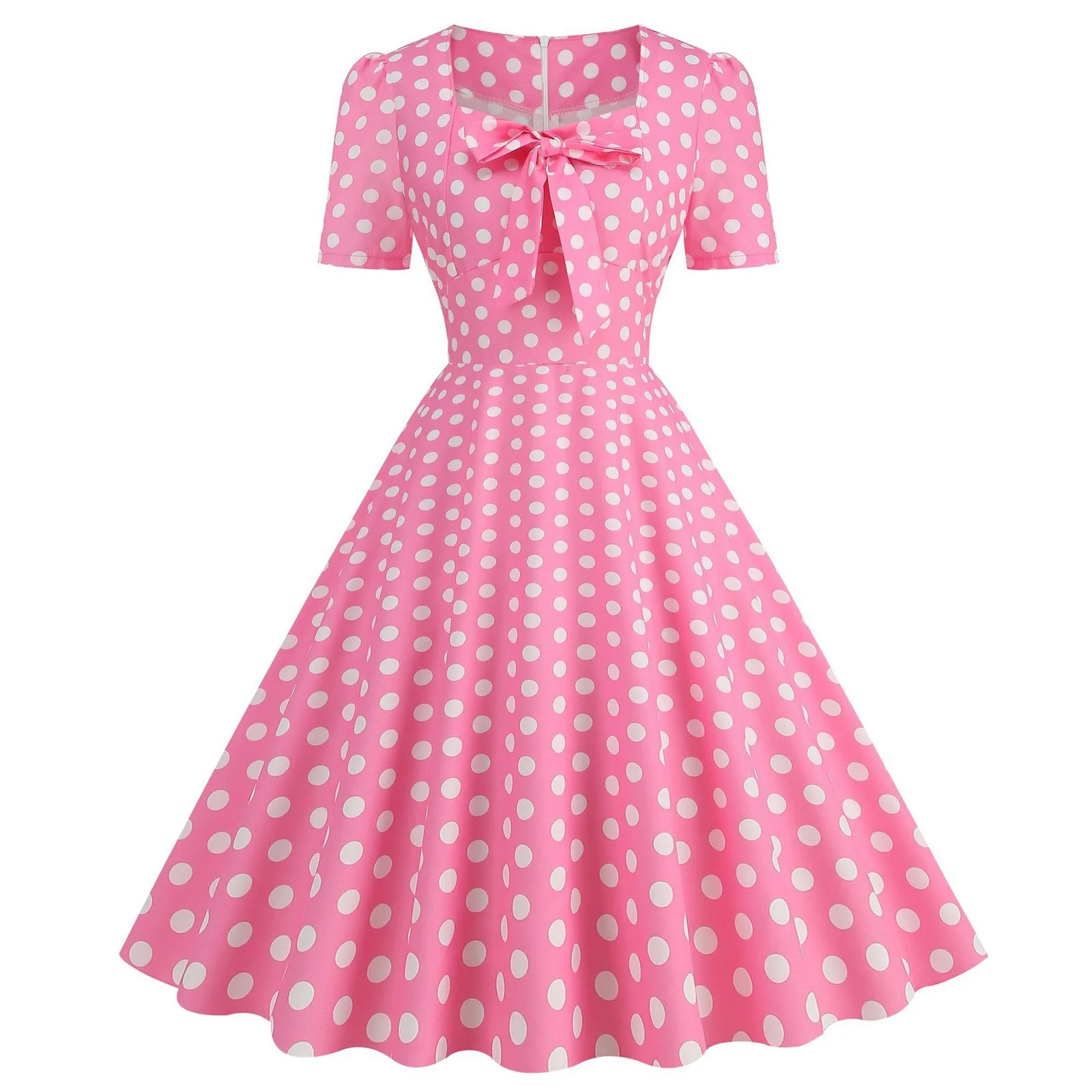 

2023 New Pink Plaid Swing Party Dresses Women 2023 Elegant Vintage Square Collar Short Sleeve Casual Summer Bow Dots Dress