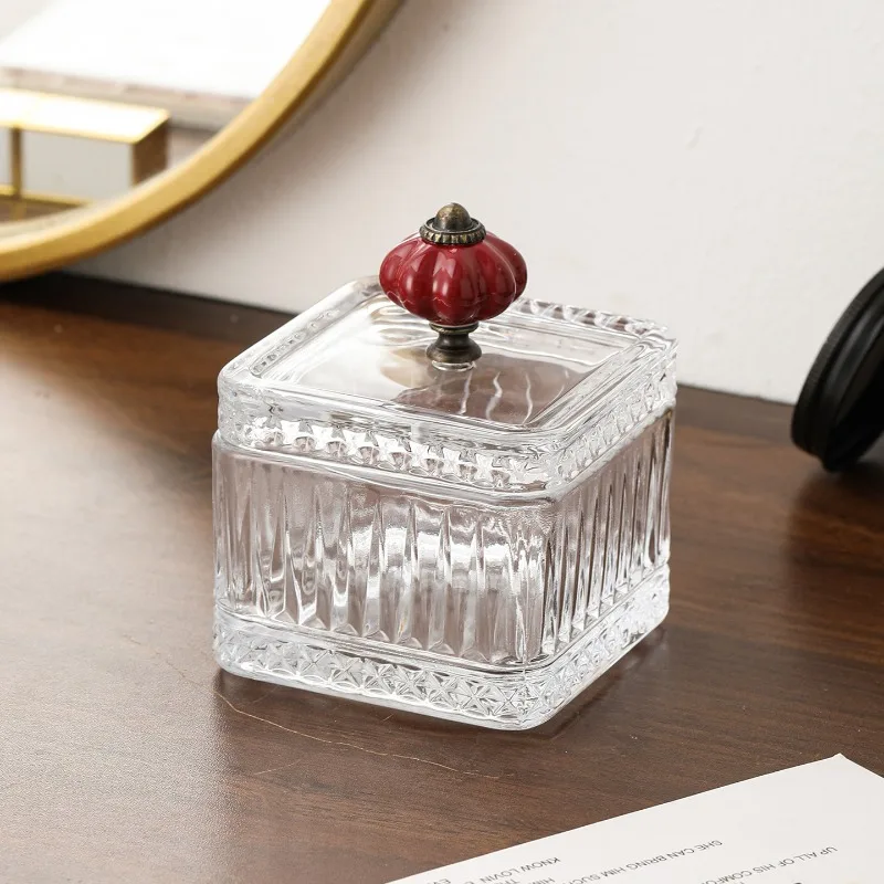 Creative Square Glass Jewelry Storage Box with Lid Toothpick and Cotton Swab Jar Desktop Embossed Glass Candy Jar Storage Box