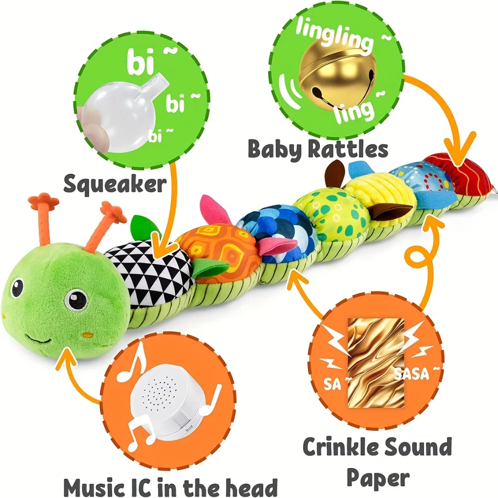 Animal en peluche Musical pour bébé, chenille d'activité, jouets doux, hochet froissé multi-sensoriel et textures, jouets mignons pour le temps du ventre