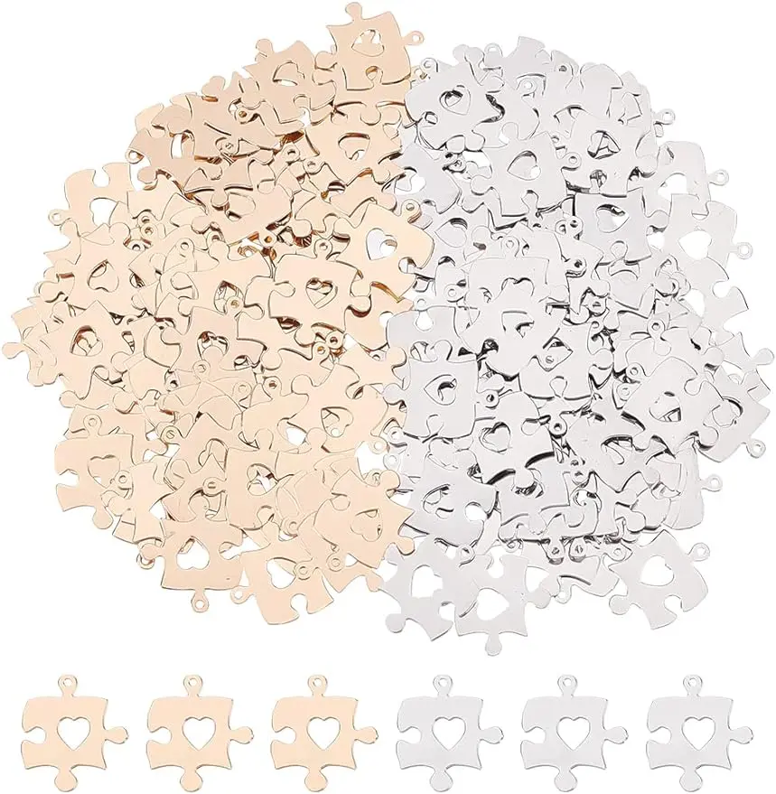 200Pcs 2Color Puzzle with Heart Charms Autism Awareness Charms Heart Love Charms Relationship Unique Jewelry Brass Dangle Charms