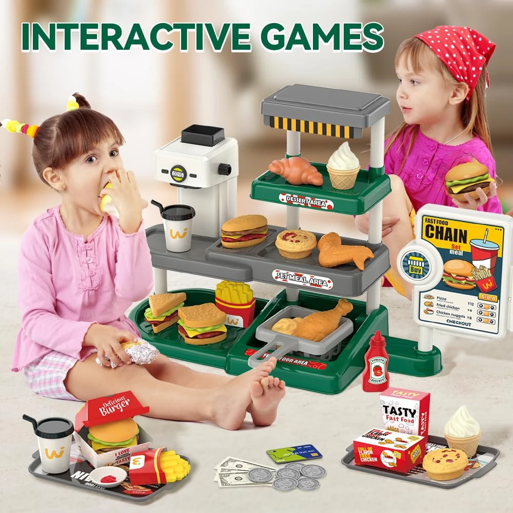 WizKidz Kids Play House Food Set with Burgers Fries Chicken Wings Cash Register & Water Dispenser for Endless Fun Boys & Girls