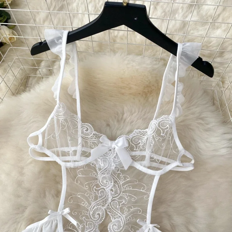 Mono Sexy con volantes y tirantes de encaje transparente para mujer, minifalda de malla con lazo ajustado y espalda descubierta, lencería, pijama, Catsuit transparente