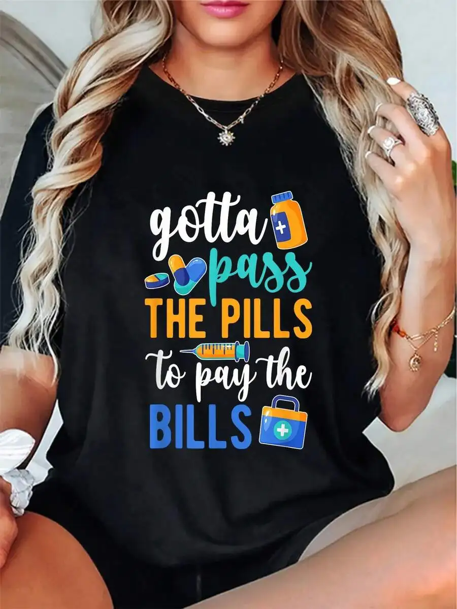 Unisex Gotta Pass The Pills Medication Aide Med Aide Graphic Print T‑Shirt Crew Neck Short Sleeve Casual Tee Top