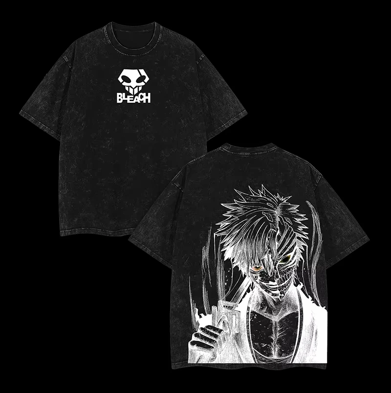 Bleach Anime Ichigo Kurosaki Bankai Hollow T-Shirt Washed Oversized Unisex Cotton Japanese Streetwear Anime Summer Casual Tee