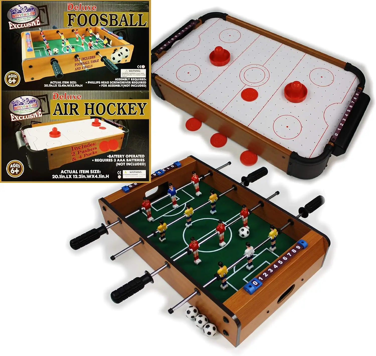 

Deluxe 20" Wooden Table Top Air Hockey & Foosball Games Set with Extra Pucks and Balls - 2 Pack Gift Bundle